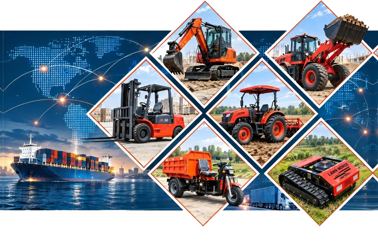 Heroxera 六大品类：挖掘机、装载机、叉车、拖拉机、三轮车、割草机